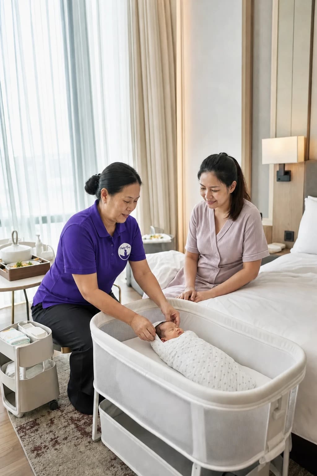 A NannyMoon confinement nanny caring for a newborn in a Singapore hotel suite while the mother rests